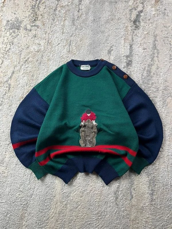 Vintage Coogi Style Horse Rider Embroidered Crewneck buttoned shoulder Wool Swea